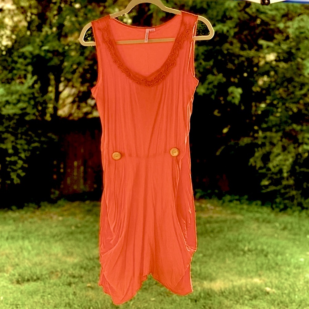 Ethyl Sleeveless Coral Dress 🪸 Tie in back w/ Pockets & Ruffle Scoop Neck sz XL